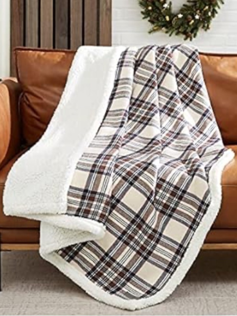 ✨$16✨NWT•Eddie Bauer Flannel Sherpa Throw Blanket |Edgewood Plaid Khaki |50”x60”